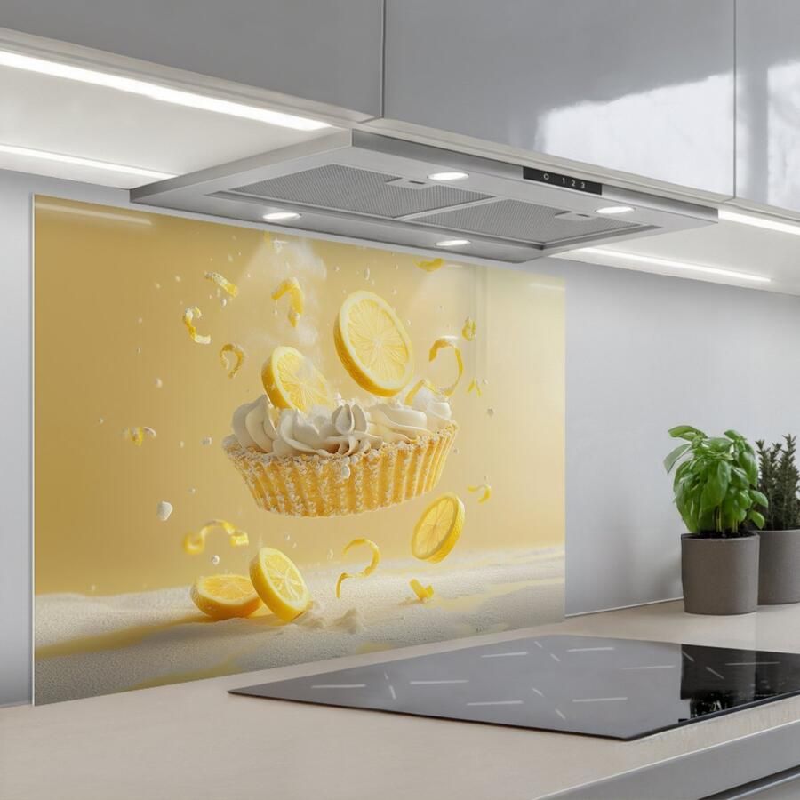 KitchenYeah Spatscherm 80x55 cm Zelfklevende achterwand Citroen Taart Eten Geel Keuken muurbeschermer Spatwand fornuis