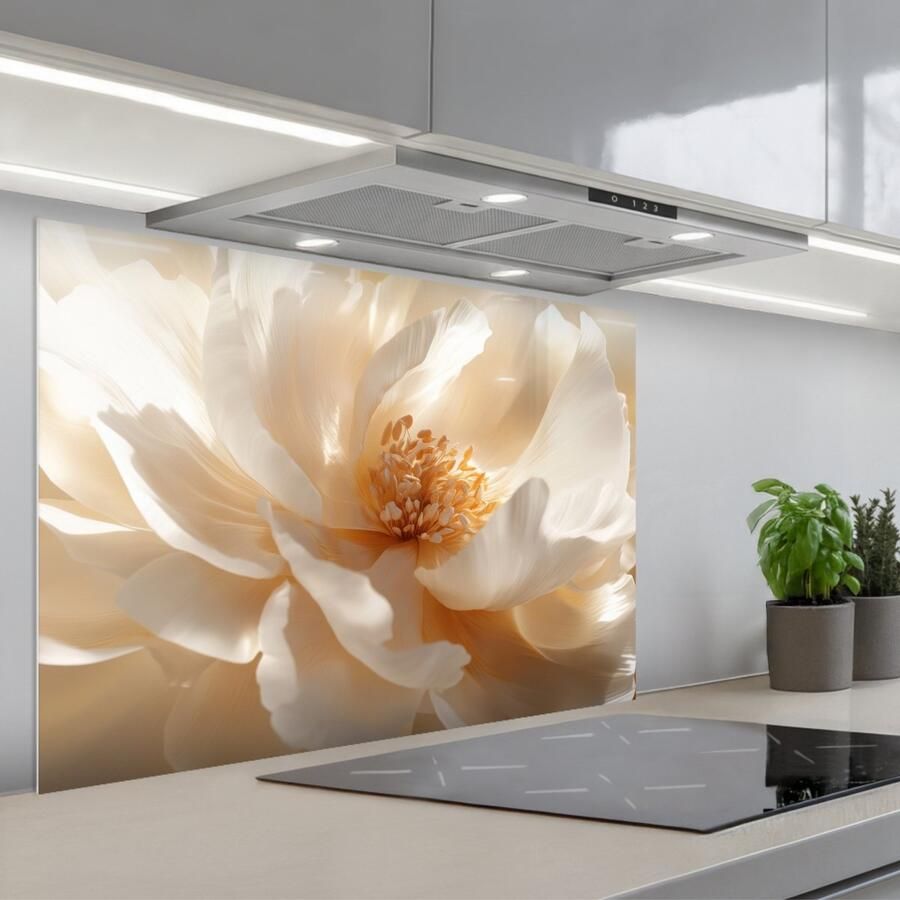 KitchenYeah Spatscherm 90x60 cm Zelfklevende achterwand Close up Pioenroos Wit Keuken muurbeschermer Spatwand fornuis