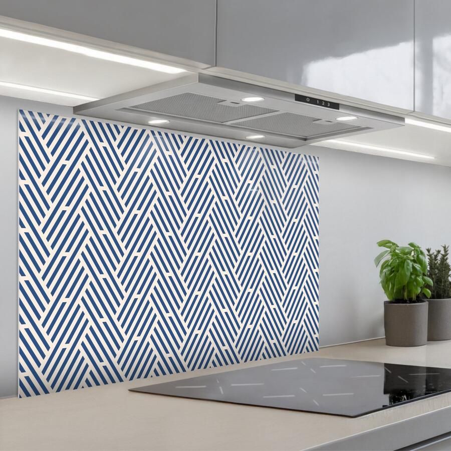 KitchenYeah Spatscherm 80x55 cm Zelfklevende achterwand Crème Blauw Strepen Patroon Keuken muurbeschermer Spatwand fornuis