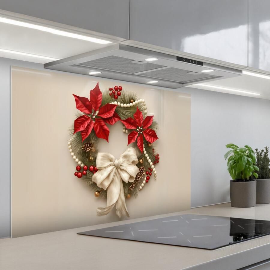 KitchenYeah Spatscherm 80x55 cm Zelfklevende achterwand Deurkrans Strik Kerst Rood Groen Keuken muurbeschermer Spatwand fornuis