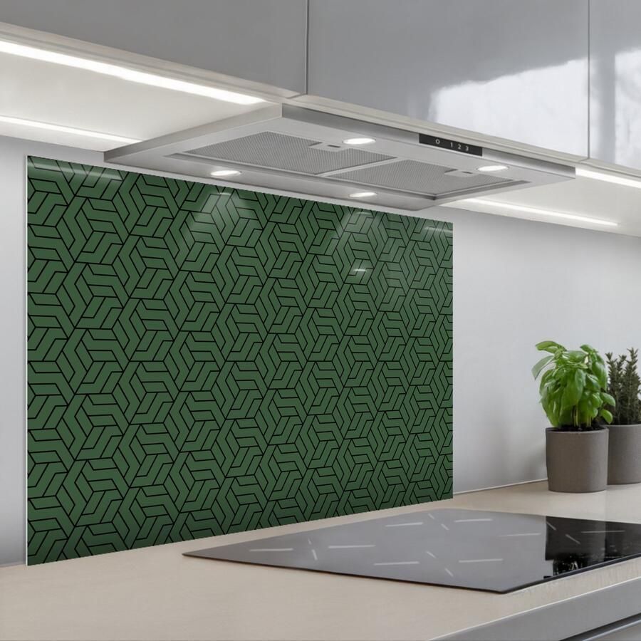 KitchenYeah Spatscherm 90x60 cm Zelfklevende achterwand Donkergroen Patroon Lijnen Zwart Keuken muurbeschermer Spatwand fornuis