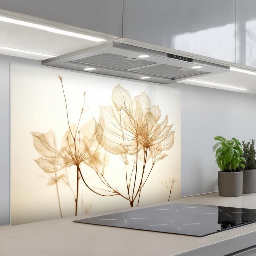 KitchenYeah Spatscherm 80x55 cm Zelfklevende achterwand Droogbloemen Beige Planten Wit Keuken muurbeschermer Spatwand fornuis