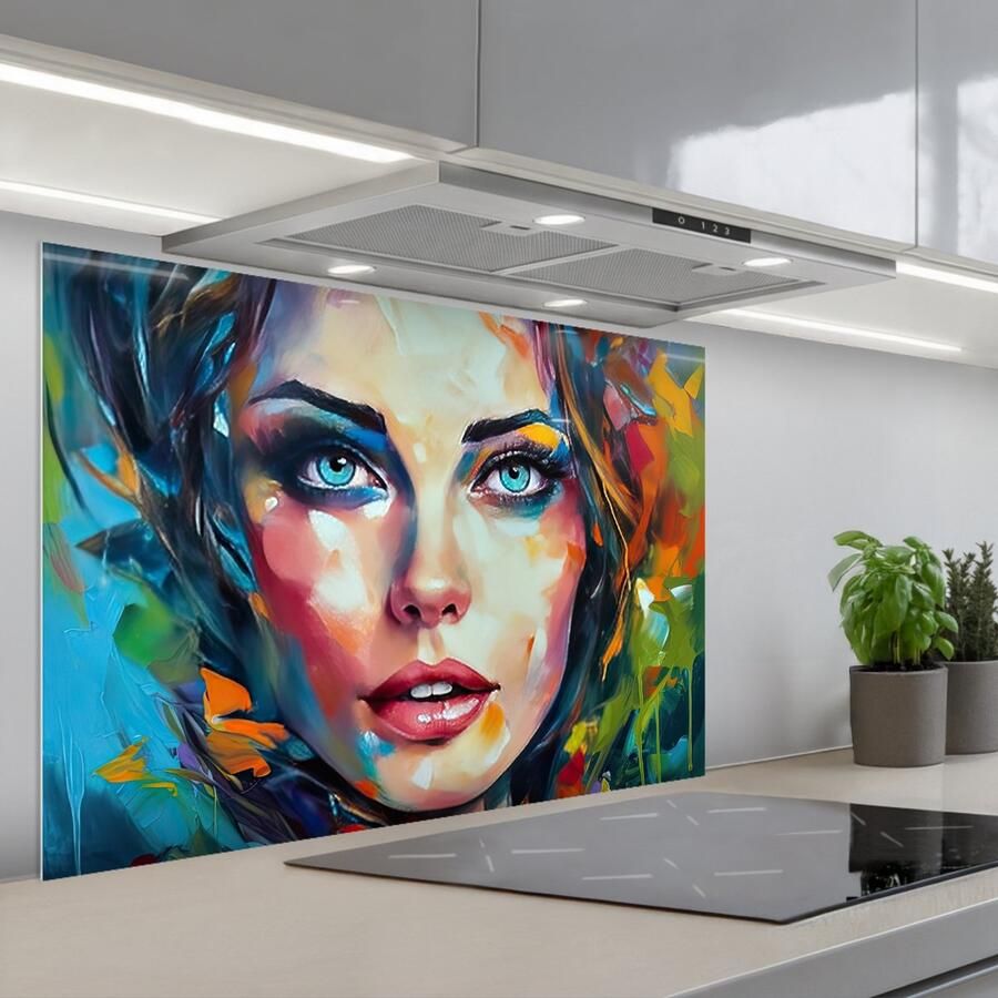 KitchenYeah Spatscherm 90x60 cm Zelfklevende achterwand Gezicht Vrouw Olieverf Kleurrijk Kunst Keuken muurbeschermer Spatwand fornuis