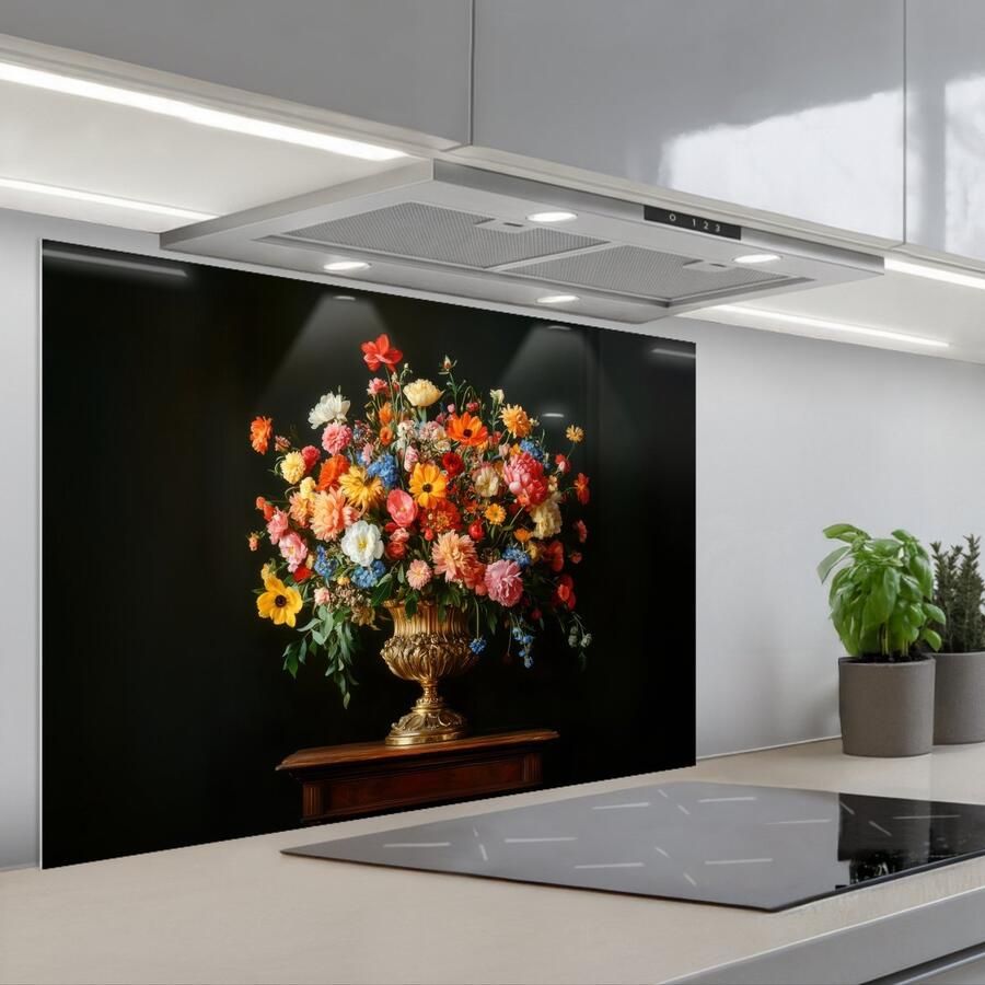 KitchenYeah Spatscherm 80x55 cm Zelfklevende achterwand Goud Bloemen Kleuren Vaas Keuken muurbeschermer Spatwand fornuis