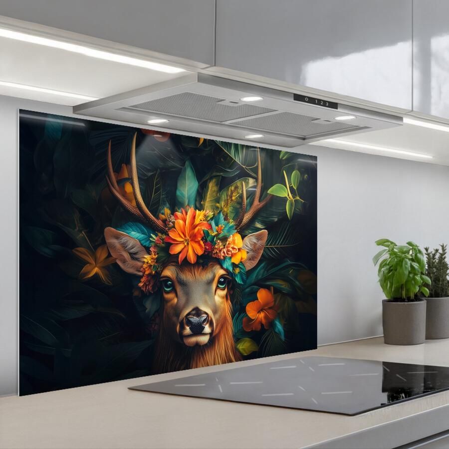 KitchenYeah Spatscherm 90x60 cm Zelfklevende achterwand Hert Bloemen Natuur Botanisch Dier Keuken muurbeschermer Spatwand fornuis