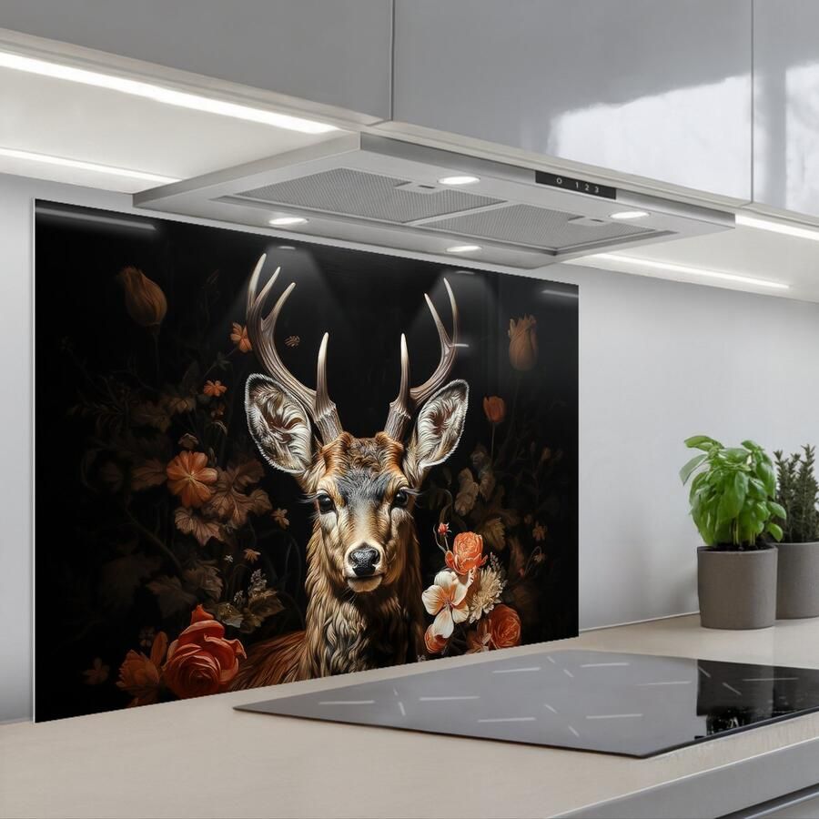 KitchenYeah Spatscherm 90x60 cm Zelfklevende achterwand Hert Dier Bloemen Natuur Botanisch Keuken muurbeschermer Spatwand fornuis