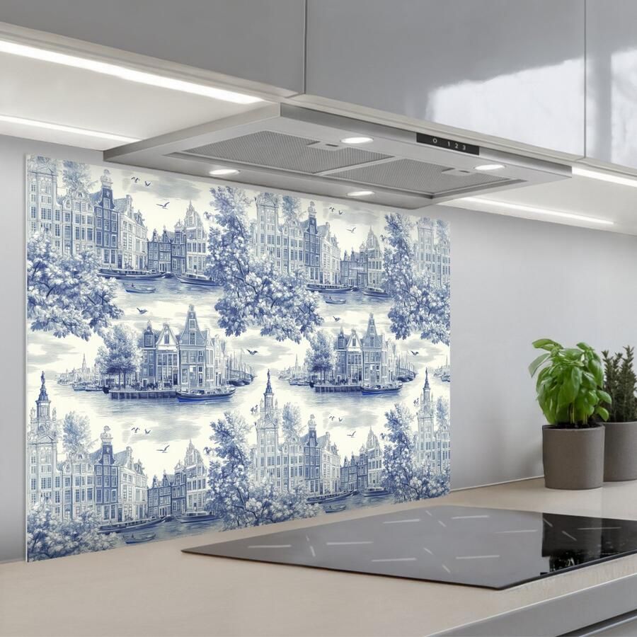 KitchenYeah Spatscherm 90x60 cm Zelfklevende achterwand Huizen Bomen Water Vogels Blauw Keuken muurbeschermer Spatwand fornuis