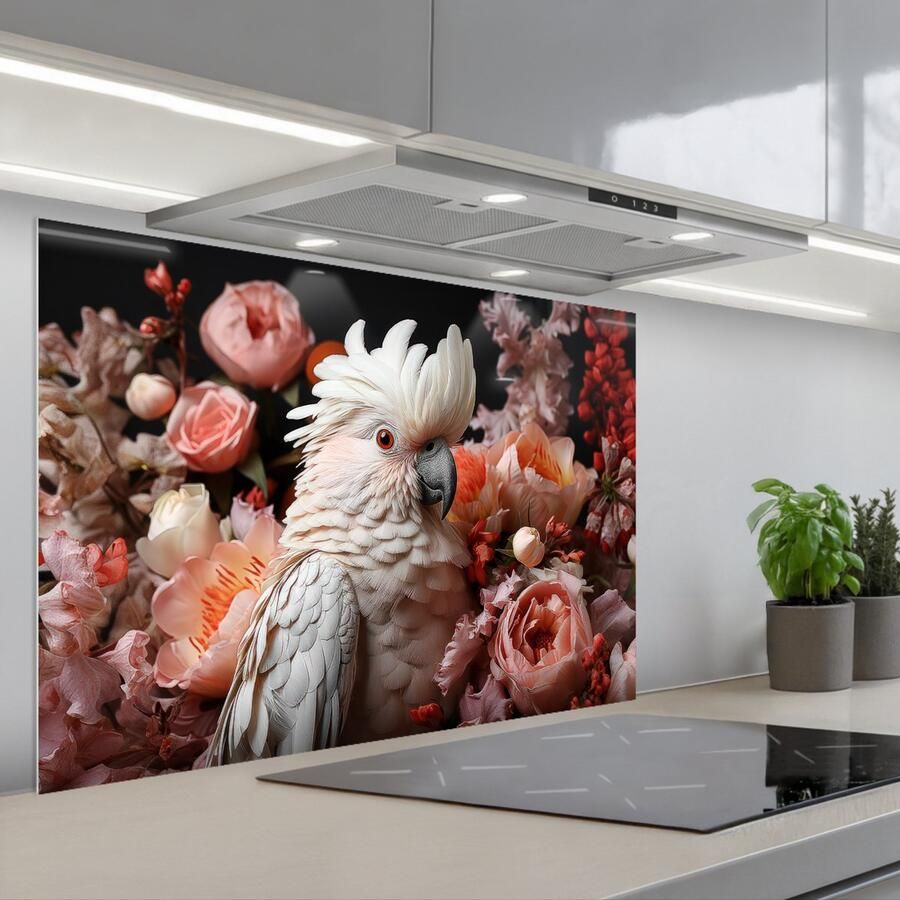 KitchenYeah Spatscherm 90x60 cm Zelfklevende achterwand Kaketoe Dier Natuur Botanisch Bloemen Roze Keuken muurbeschermer Spatwand fornuis