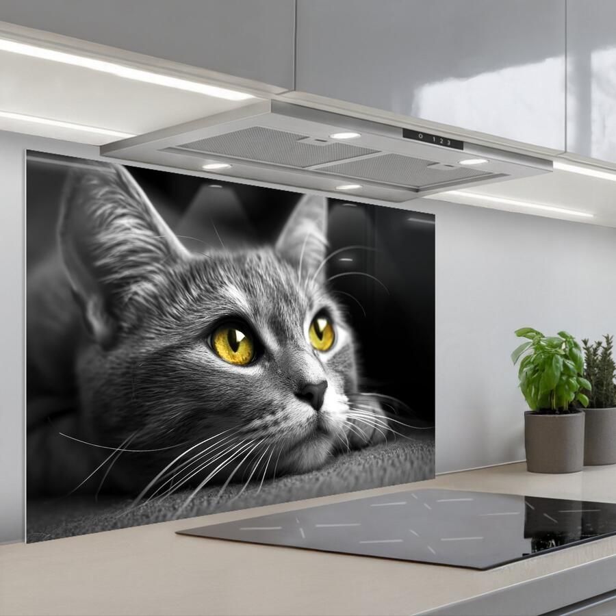 KitchenYeah Spatscherm 90x60 cm Zelfklevende achterwand Kat Zwart Wit Dieren Natuur Keuken muurbeschermer Spatwand fornuis - Foto 1