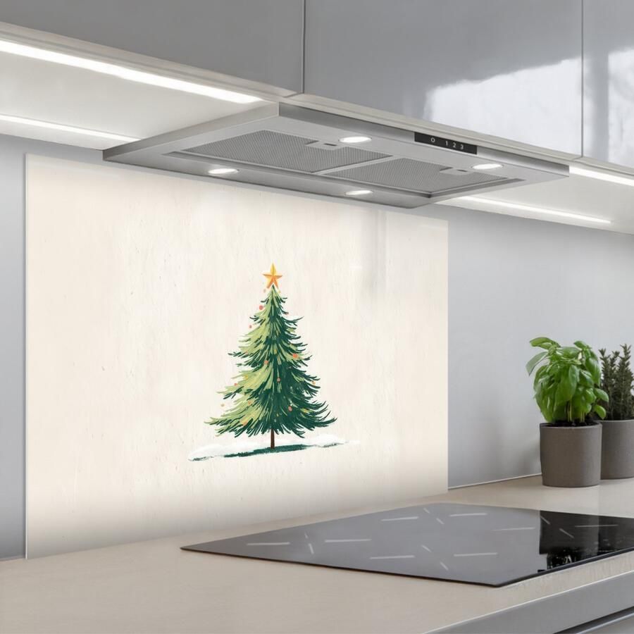 KitchenYeah Spatscherm 80x55 cm Zelfklevende achterwand Kerstboom Illustratie Ster Sneeuw Keuken muurbeschermer Spatwand fornuis