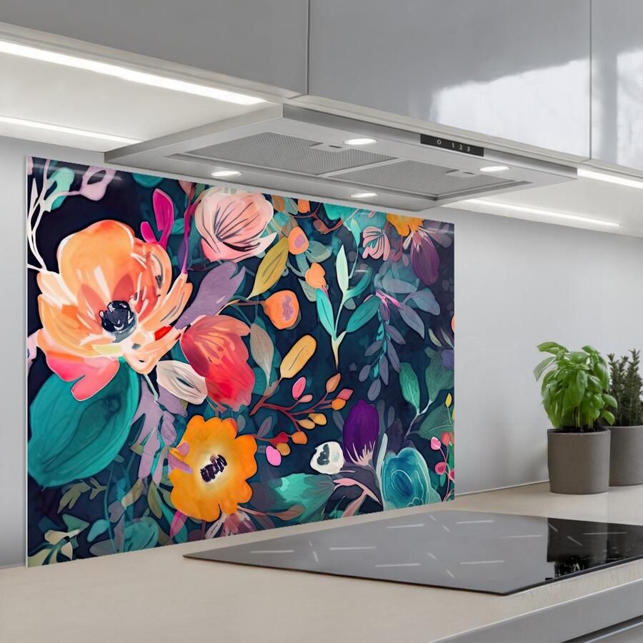 KitchenYeah Spatscherm 90x60 cm Zelfklevende achterwand Kleurrijk Bloemen Kunst Natuur Hippie Keuken muurbeschermer Spatwand fornuis