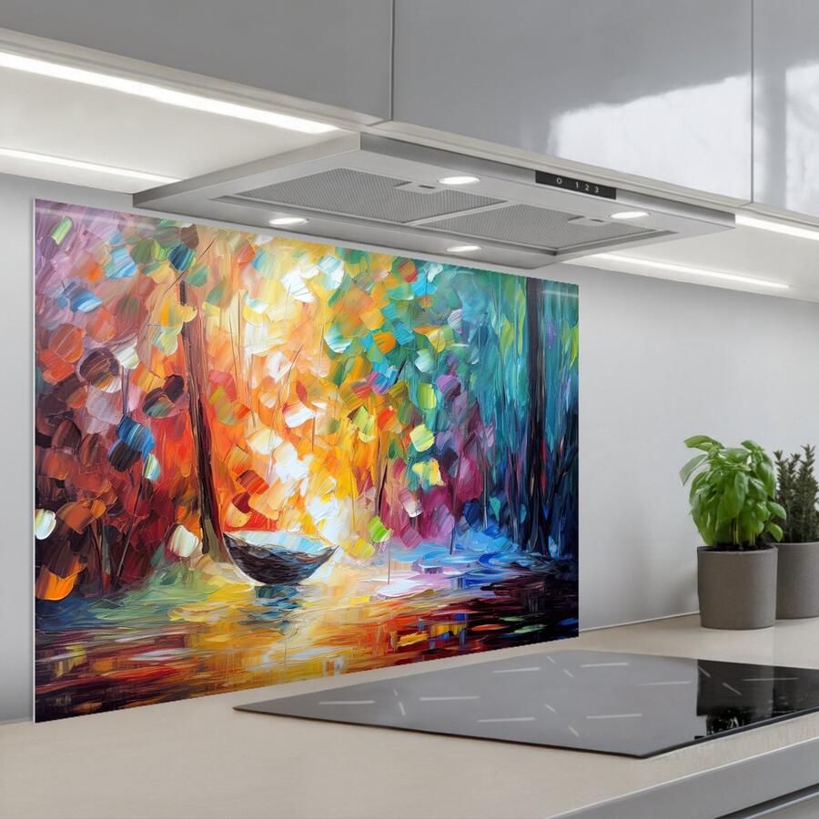 KitchenYeah Spatscherm 90x60 cm Zelfklevende achterwand Kleurrijk Olieverf Water Boot Keuken muurbeschermer Spatwand fornuis