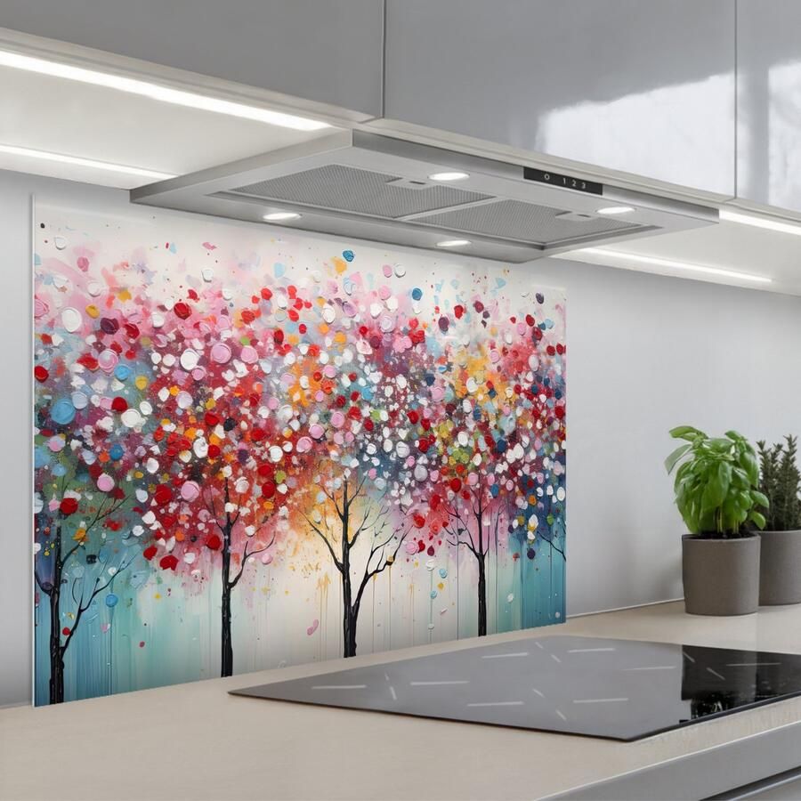KitchenYeah Spatscherm 90x60 cm Zelfklevende achterwand Kunst Bomen Natuur Acryl Keuken muurbeschermer Spatwand fornuis