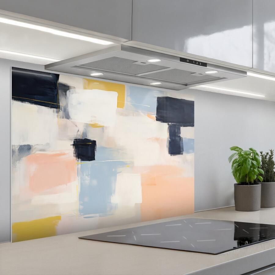 KitchenYeah Spatscherm 90x60 cm Zelfklevende achterwand Kunst Wit Abstract Modern Keuken muurbeschermer Spatwand fornuis