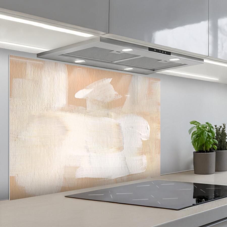 KitchenYeah Spatscherm 90x60 cm Zelfklevende achterwand Kunst Wit Beige Modern Keuken muurbeschermer Spatwand fornuis