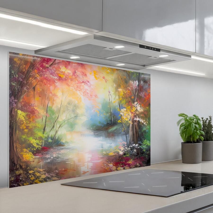 KitchenYeah Spatscherm 90x60 cm Zelfklevende achterwand Landschap Olieverf Kleurrijk Natuur Keuken muurbeschermer Spatwand fornuis