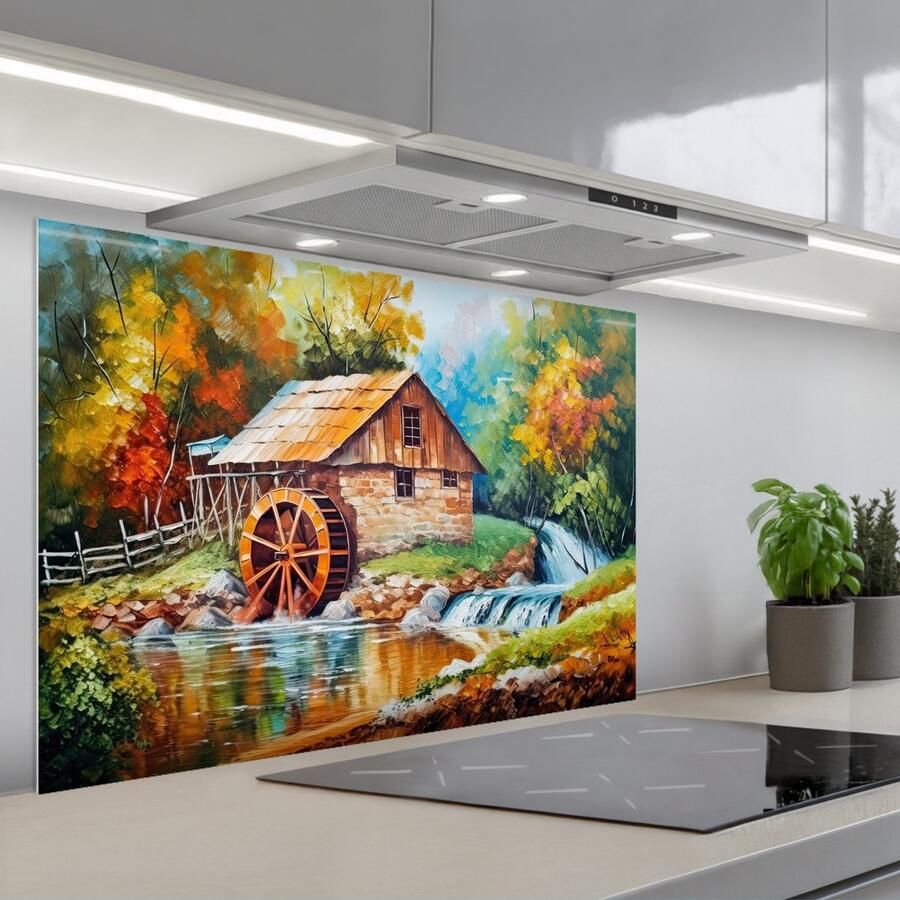 KitchenYeah Spatscherm 80x55 cm Zelfklevende achterwand Landschap Schilderij Huis Kunst Herfst Keuken muurbeschermer Spatwand fornuis