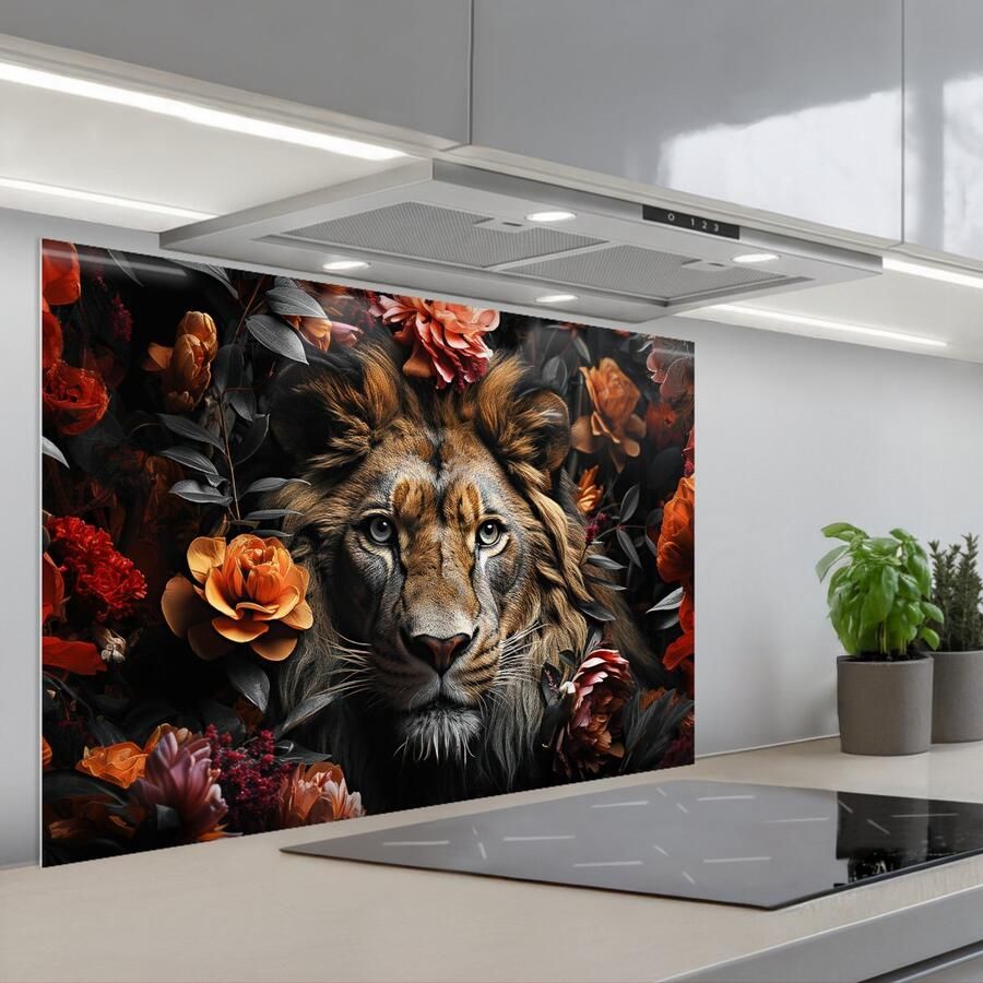 KitchenYeah Spatscherm 90x60 cm Zelfklevende achterwand Leeuw Dier Natuur Bloemen Botanisch Keuken muurbeschermer Spatwand fornuis