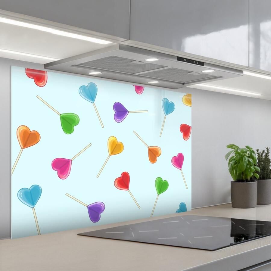 KitchenYeah Spatscherm 90x60 cm Zelfklevende achterwand Lolly Regenboog Snoep Keuken muurbeschermer Spatwand fornuis