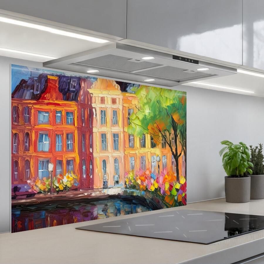 KitchenYeah Spatscherm 90x60 cm Zelfklevende achterwand Olieverf Amsterdam Kunst Kleurrijk Keuken muurbeschermer Spatwand fornuis