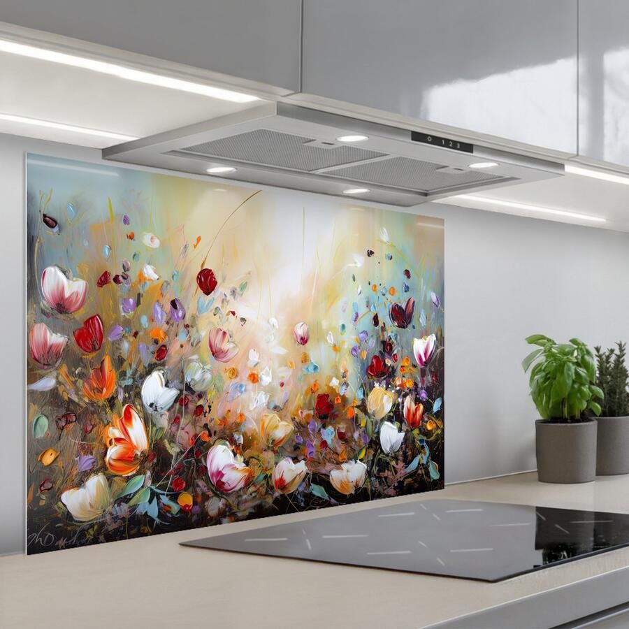 KitchenYeah Spatscherm 90x60 cm Zelfklevende achterwand Olieverf Bloemen Kleurrijk Natuur Keuken muurbeschermer Spatwand fornuis