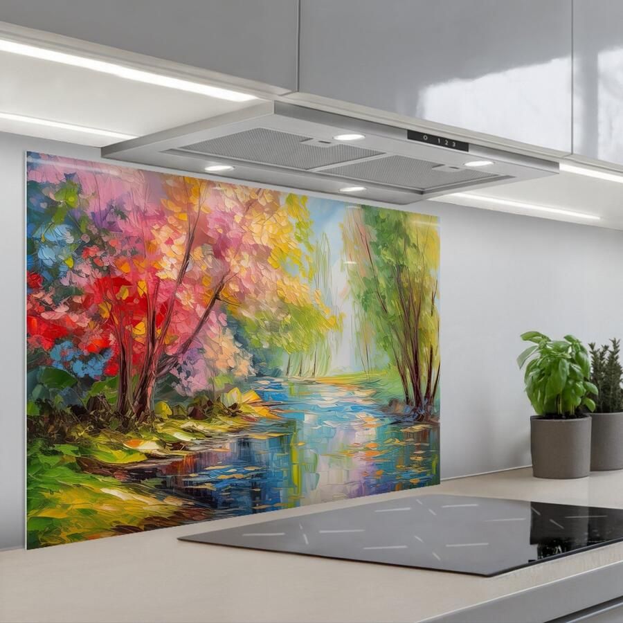 KitchenYeah Spatscherm 80x55 cm Zelfklevende achterwand Olieverf Landschap Natuur Kleurrijk Keuken muurbeschermer Spatwand fornuis