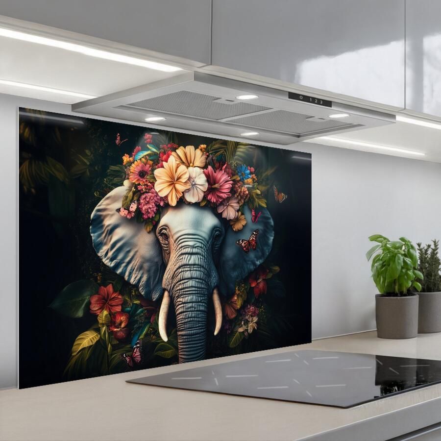 KitchenYeah Spatscherm 90x60 cm Zelfklevende achterwand Olifant Dieren Bloemen Natuur Keuken muurbeschermer Spatwand fornuis