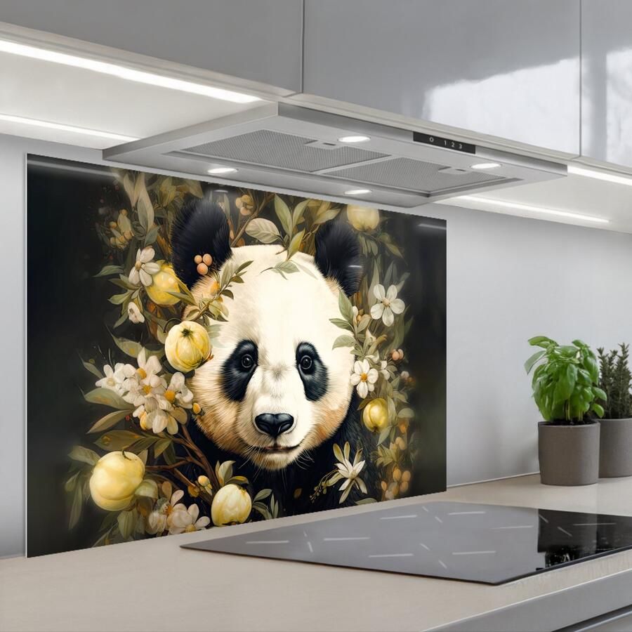 KitchenYeah Spatscherm 90x60 cm Zelfklevende achterwand Panda Pandabeer Wilde dieren Natuur Bloemen Keuken muurbeschermer Spatwand fornuis