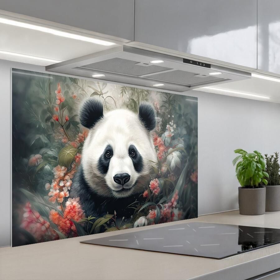 KitchenYeah Spatscherm 90x60 cm Zelfklevende achterwand Panda Wilde dieren Bloemen Natuur Keuken muurbeschermer Spatwand fornuis