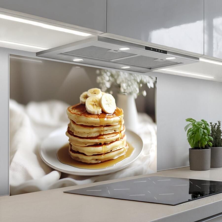 KitchenYeah Spatscherm 90x60 cm Zelfklevende achterwand Pannenkoeken Banaan Siroop Wit Beige Keuken muurbeschermer Spatwand fornuis