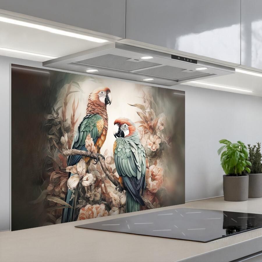 KitchenYeah Spatscherm 90x60 cm Zelfklevende achterwand Papegaaien Vogels Natuur Bloemen Keuken muurbeschermer Spatwand fornuis