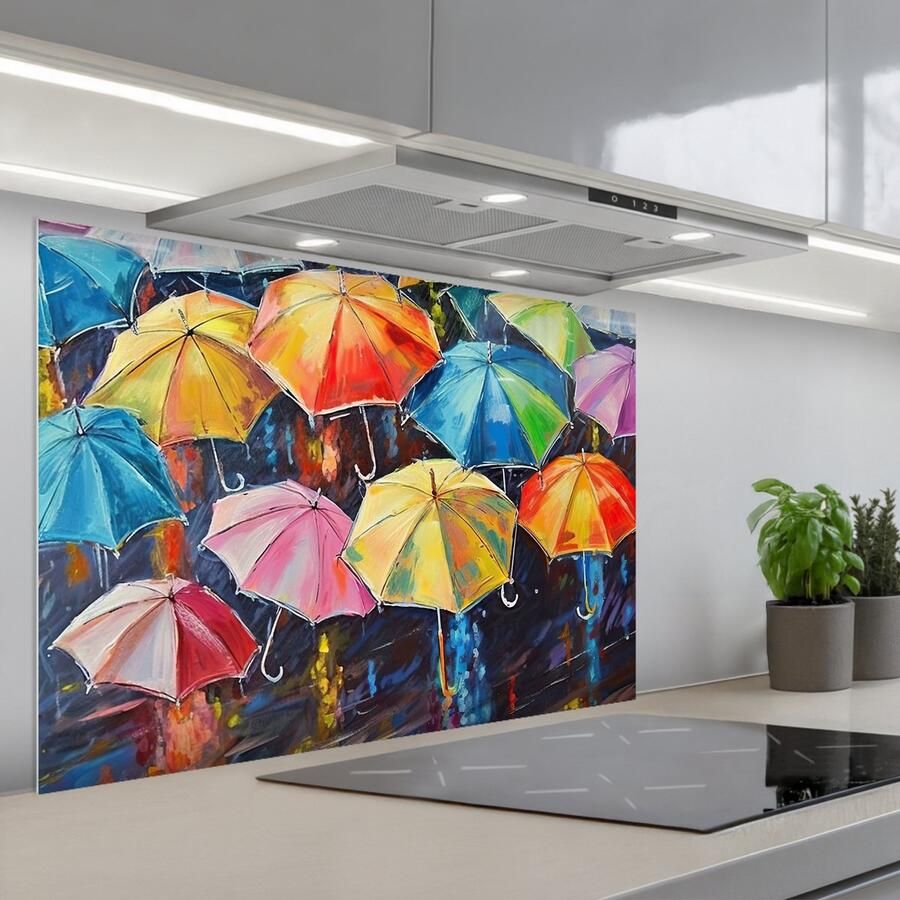 KitchenYeah Spatscherm 90x60 cm Zelfklevende achterwand Paraplu's Schilderij Kunst Regenboog Keuken muurbeschermer Spatwand fornuis
