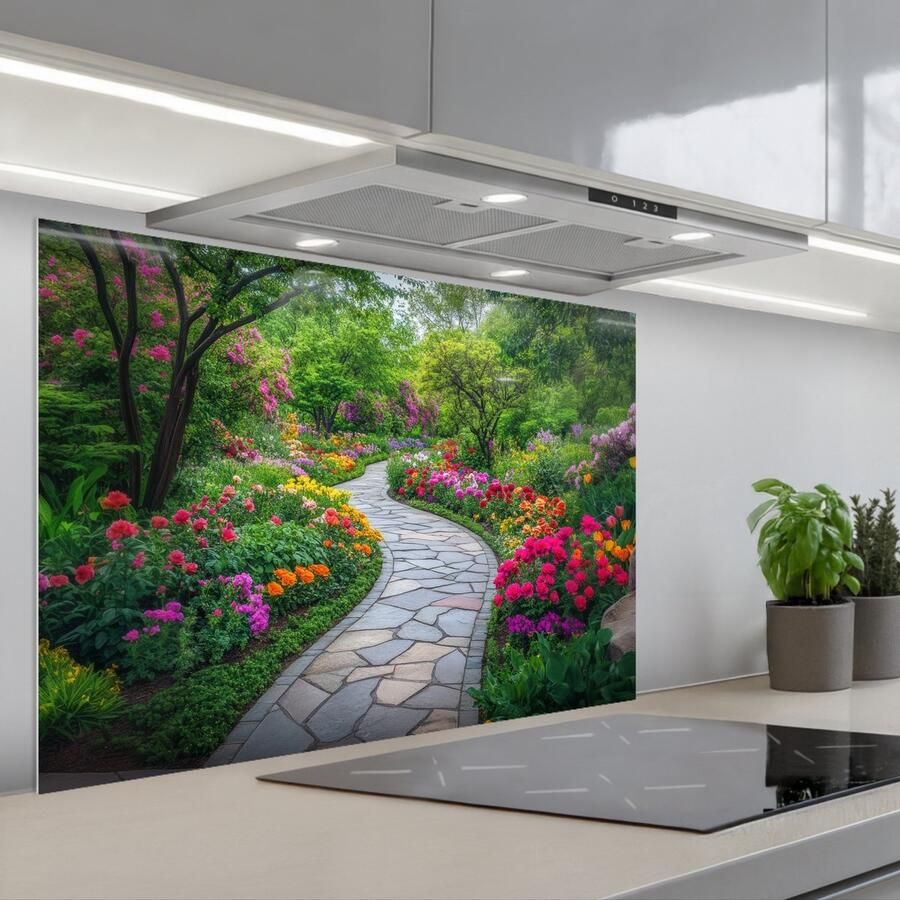 KitchenYeah Spatscherm 80x55 cm Zelfklevende achterwand Park Bloemen Tuin Keuken muurbeschermer Spatwand fornuis
