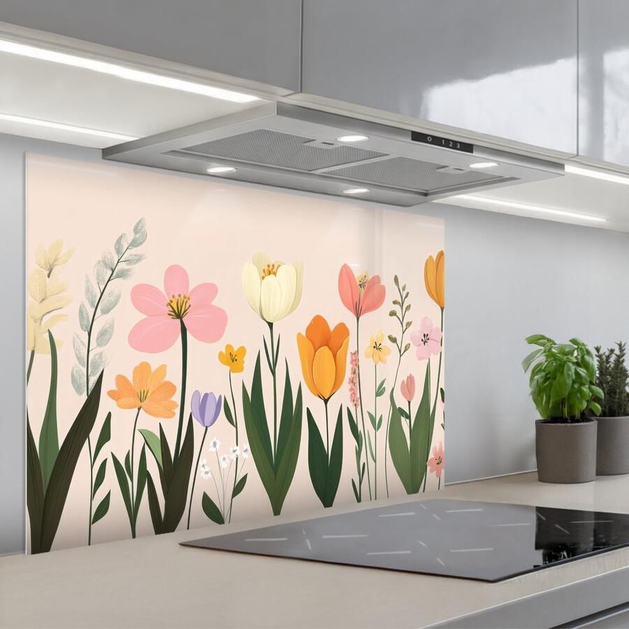 KitchenYeah Spatscherm 80x55 cm Zelfklevende achterwand Pasteltinten Bloemen Illustratie Keuken muurbeschermer Spatwand fornuis