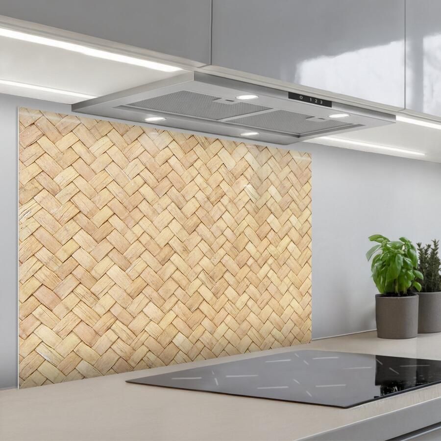 KitchenYeah Spatscherm 90x60 cm Zelfklevende achterwand Patroon Beige Rotan print Keuken muurbeschermer Spatwand fornuis