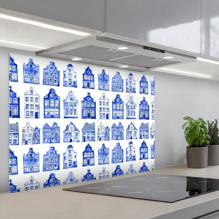 KitchenYeah Spatscherm 80x55 cm Zelfklevende achterwand Patroon Huizen Blauw Keuken muurbeschermer Spatwand fornuis