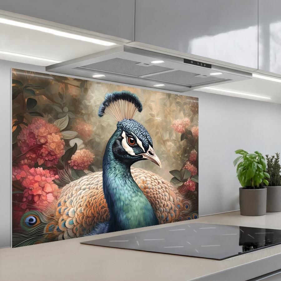 KitchenYeah Spatscherm 90x60 cm Zelfklevende achterwand Pauw Vogel Bloemen Planten Pauwenveren Keuken muurbeschermer Spatwand fornuis - Foto 1
