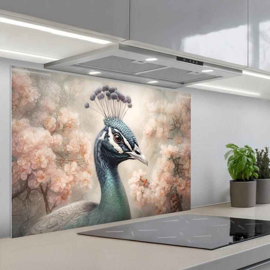 KitchenYeah Spatscherm 90x60 cm Zelfklevende achterwand Pauw Vogels Bloemen Boom Botanisch Keuken muurbeschermer Spatwand fornuis
