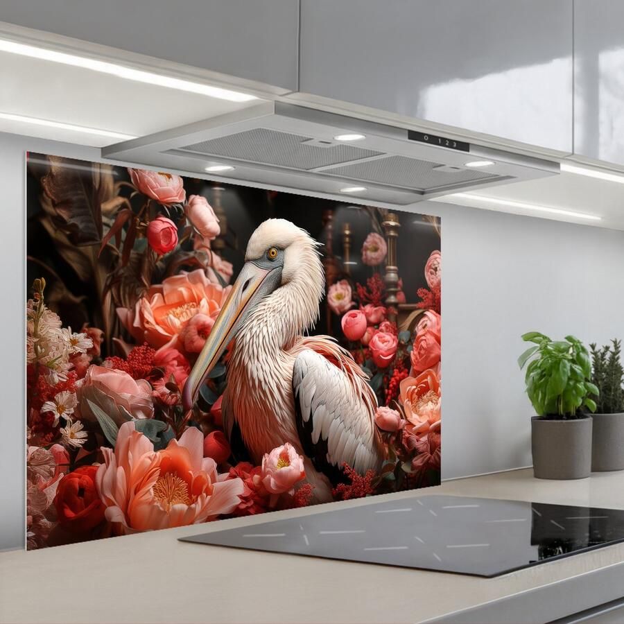 KitchenYeah Spatscherm 90x60 cm Zelfklevende achterwand Pelikaan Dier Bloemen Natuur Botanisch Roze Keuken muurbeschermer Spatwand fornuis