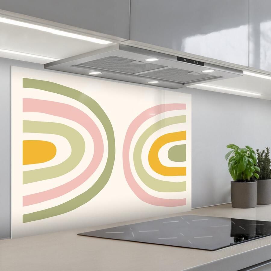 KitchenYeah Spatscherm 90x60 cm Zelfklevende achterwand Regenboog Pastel Groen Roze Modern Keuken muurbeschermer Spatwand fornuis
