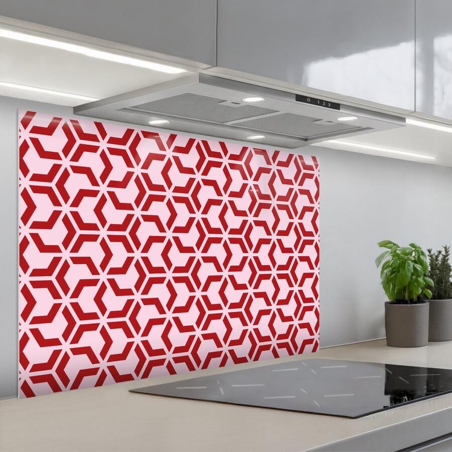 KitchenYeah Spatscherm 80x55 cm Zelfklevende achterwand Roze Rood Geometrisch Patroon Keuken muurbeschermer Spatwand fornuis