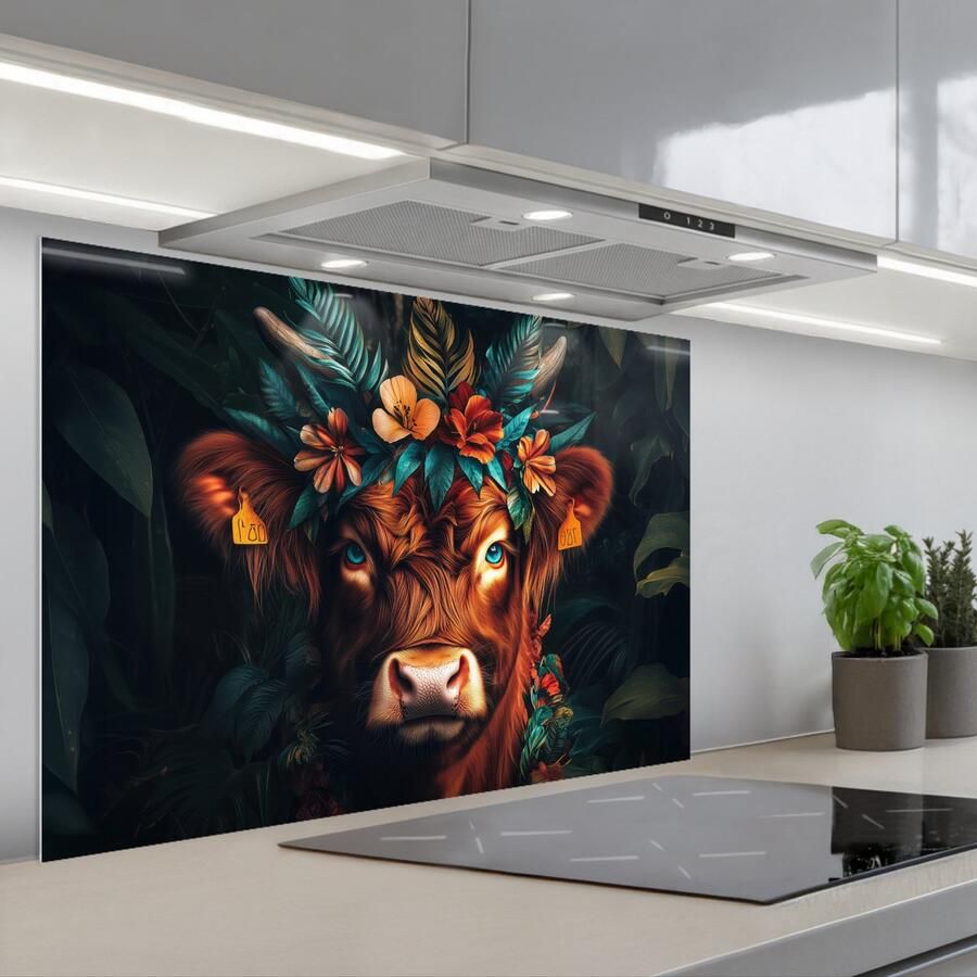 KitchenYeah Spatscherm 90x60 cm Zelfklevende achterwand Schotse Hooglander Bloemen Bladeren Keuken muurbeschermer Spatwand fornuis