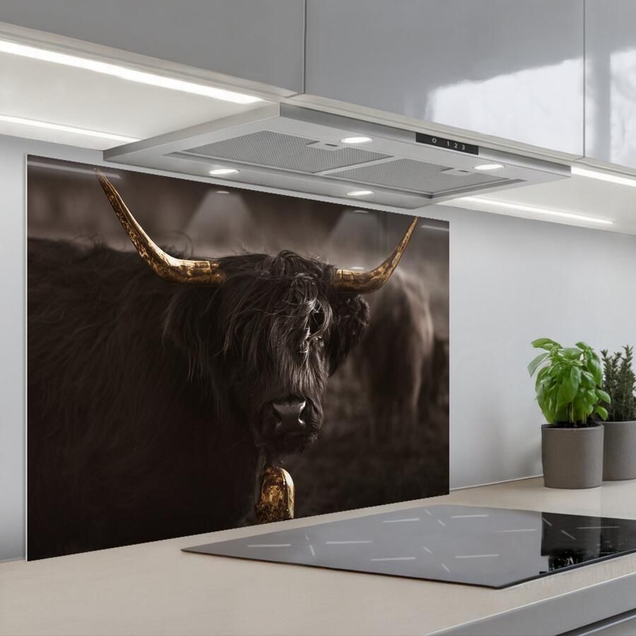 KitchenYeah Spatscherm 90x60 cm Zelfklevende achterwand Schotse hooglander Goud Koebel Hoorns Dieren Keuken muurbeschermer Spatwand fornuis
