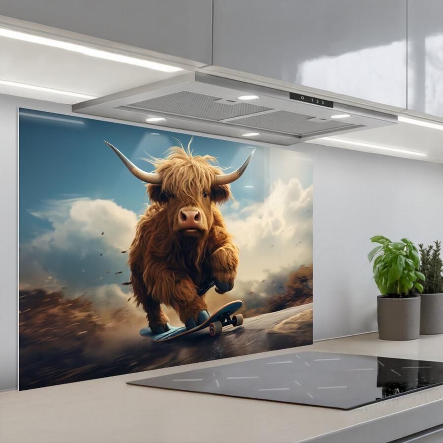 KitchenYeah Spatscherm 90x60 cm Zelfklevende achterwand Schotse hooglander Hoorns Skateboard Keuken muurbeschermer Spatwand fornuis
