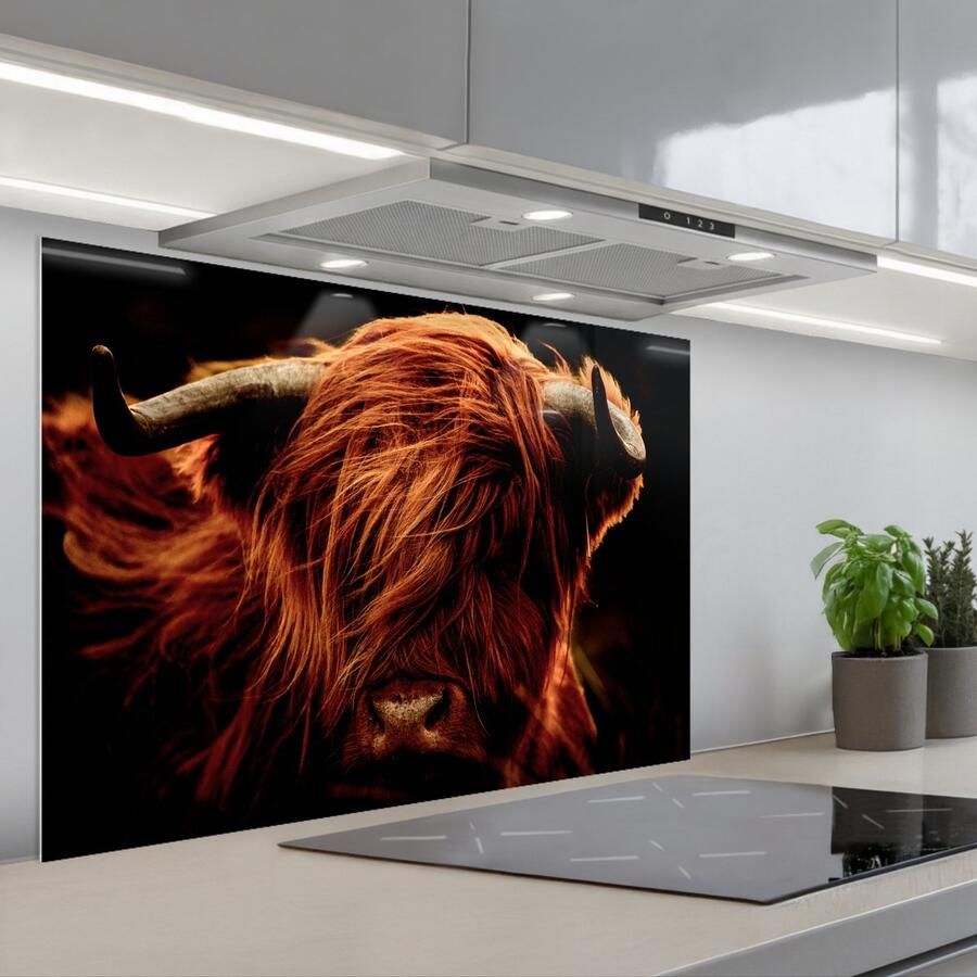 KitchenYeah Spatscherm 90x60 cm Zelfklevende achterwand Schotse hooglander Koe Hoorns Portret Dieren Keuken muurbeschermer Spatwand fornuis