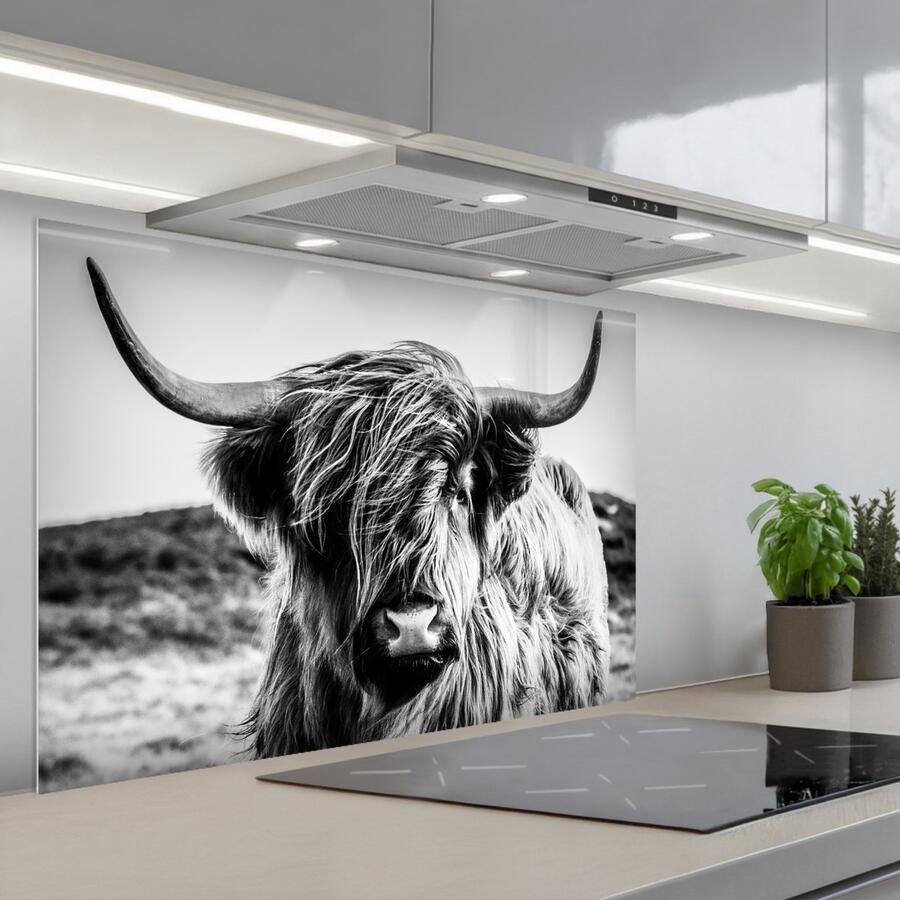 KitchenYeah Spatscherm 90x60 cm Zelfklevende achterwand Schotse hooglander Natuur Koe Zwart Wit Keuken muurbeschermer Spatwand fornuis
