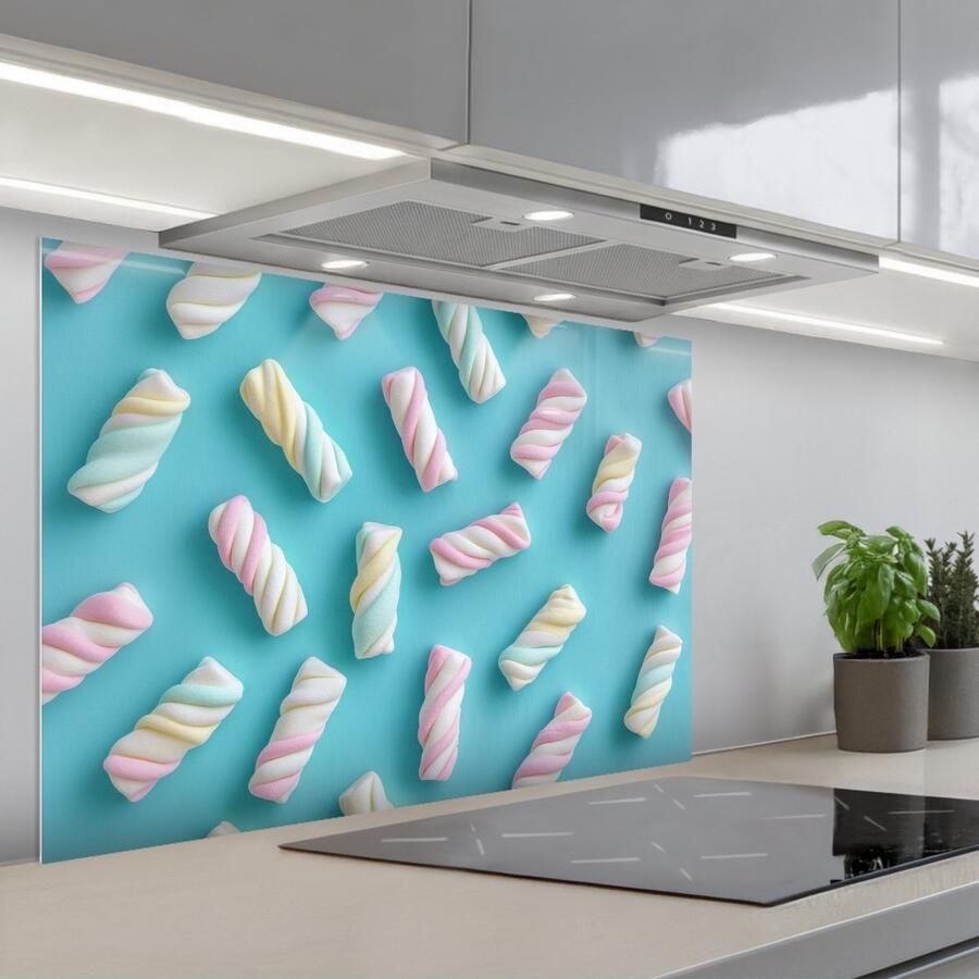 KitchenYeah Spatscherm 90x60 cm Zelfklevende achterwand Spekjes Pastel Snoep Blauw Keuken muurbeschermer Spatwand fornuis - Foto 1
