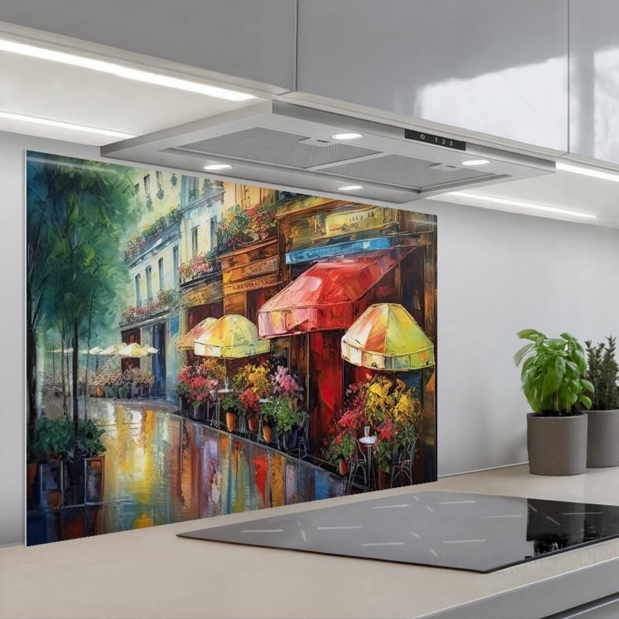 KitchenYeah Spatscherm 90x60 cm Zelfklevende achterwand Straat Olieverf Kleurrijk Stad Keuken muurbeschermer Spatwand fornuis