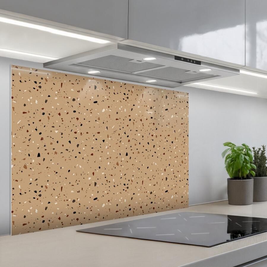 KitchenYeah Spatscherm 90x60 cm Zelfklevende achterwand Terrazzo Patroon Beige Keuken muurbeschermer Spatwand fornuis