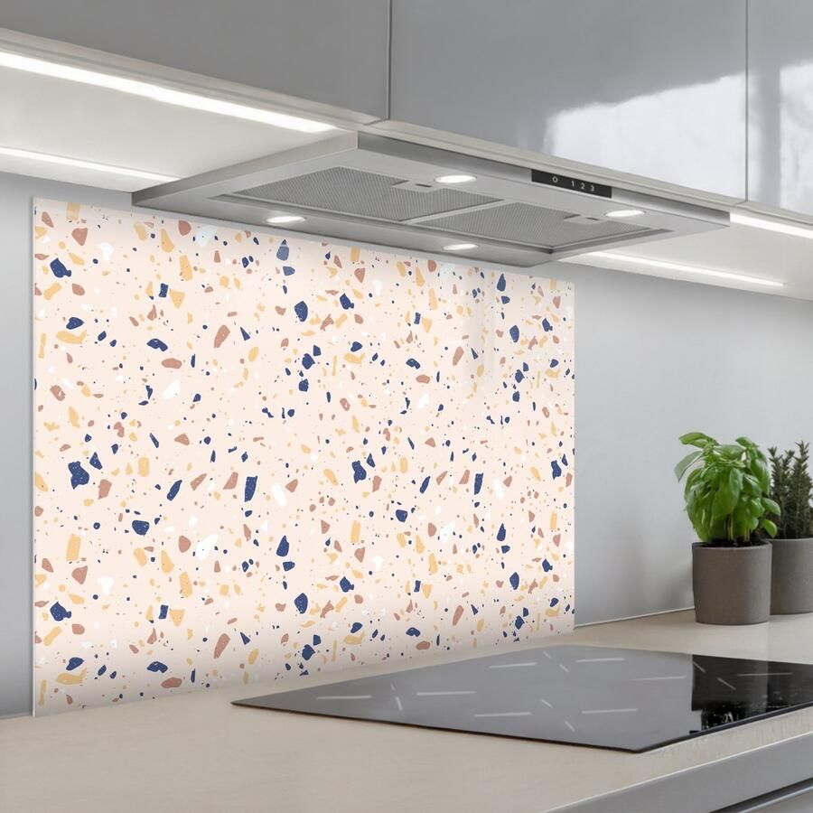 KitchenYeah Spatscherm 90x60 cm Zelfklevende achterwand Terrazzo Patroon Kleurrijk Indigo Keuken muurbeschermer Spatwand fornuis